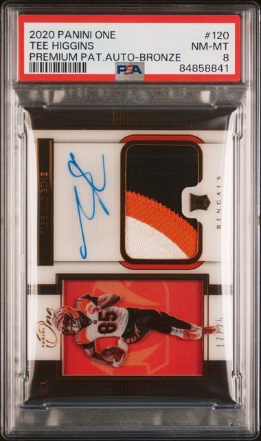 2020 Panini One | Rookie Tee Higgins | Premium Patch Auto - Bronze | 11/25 | PSA 8