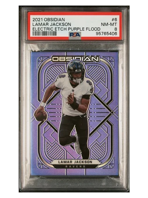 2021 Obsidian Lamar Jackson Electric Etch Purple Flood 7/16 PSA 8 None Higher