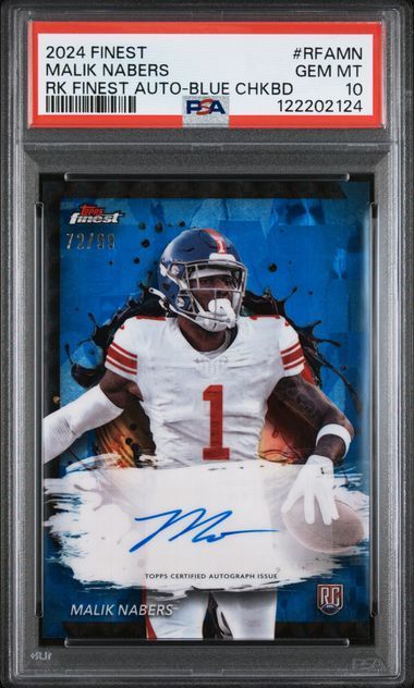 2024 Topps Finest | Rookie Malik Nabers | Finest Auto, Blue Checkerboard | 72/99 | #RFAMN | PSA 10