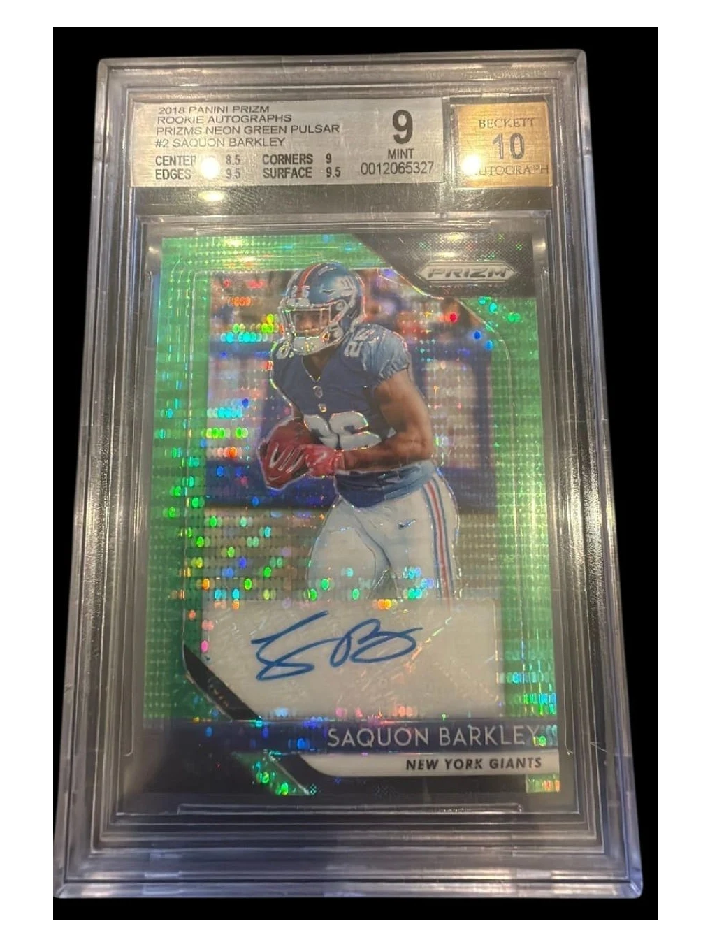 2018 Prizm | Rookie Saquon Barkley | Neon Green Pulsar | BGS 9 Auto 10