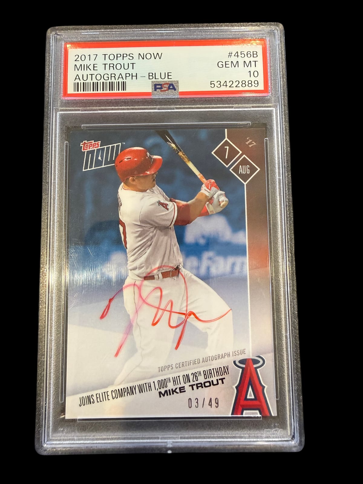 2017 Topps Now Mike Trout Blue Autograph #456B 3/49 PSA 10