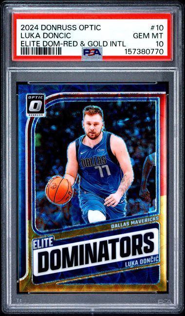 2024 Donruss Optic | Luka Doncic | Elite Red & Gold Dominators | 15/99 | PSA 10 | Pop 4