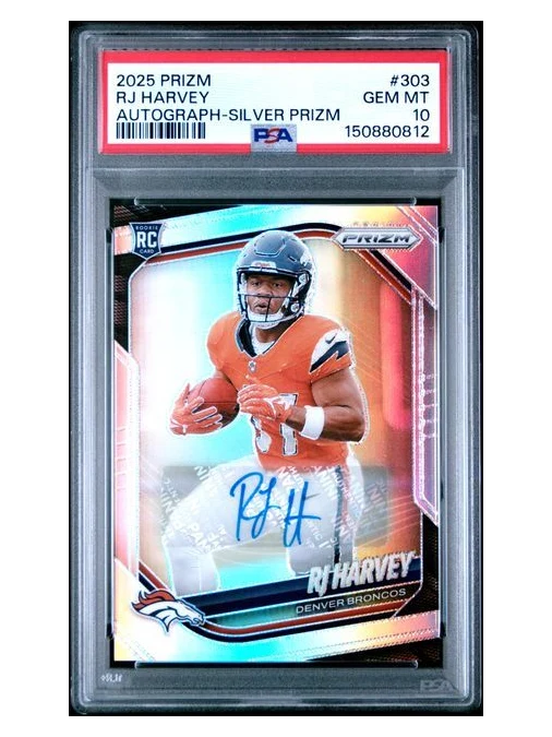 2025 Prizm Rookie RJ Harvey Silver Prizm Autograph #303 PSA 10 RC