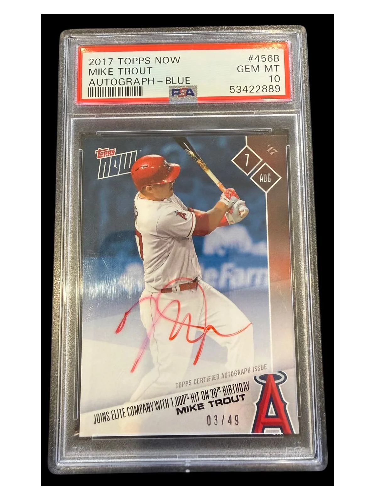 2017 Topps Now Mike Trout Blue Autograph #456B 3/49 PSA 10